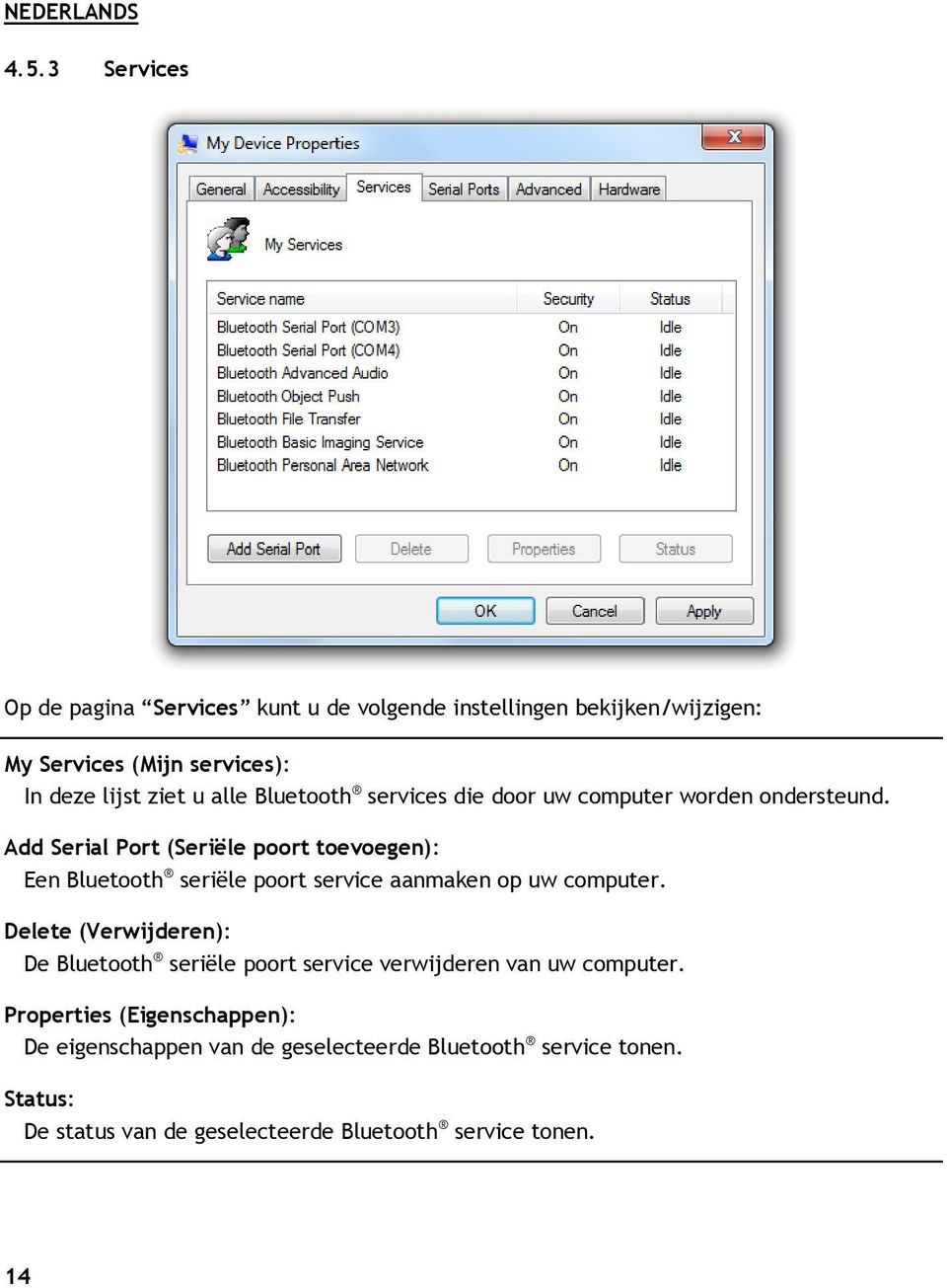 Bluetooth services die door uw computer worden ondersteund.