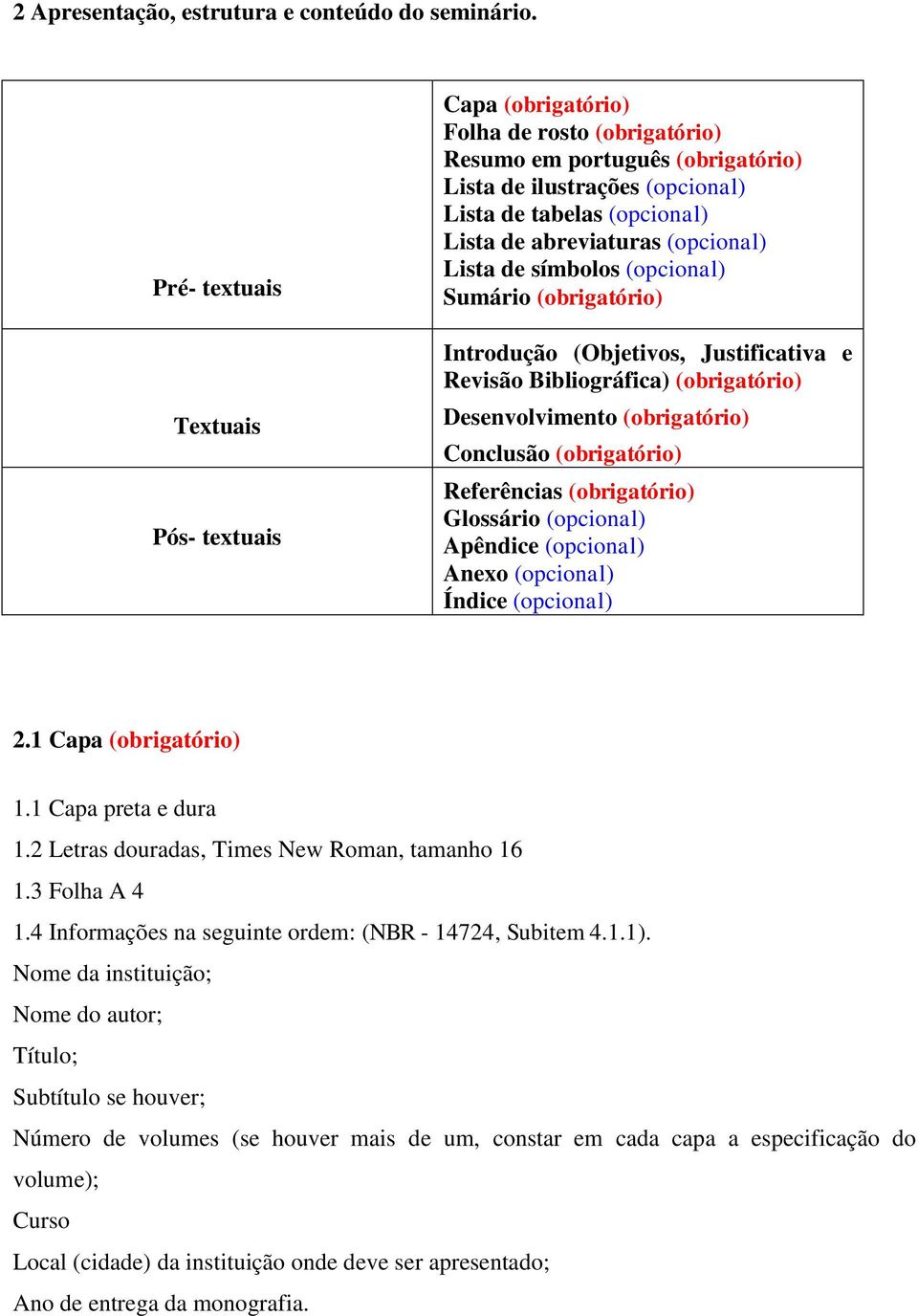 abreviaturas (opcional) Lista de símbolos (opcional) Sumário (obrigatório) Introdução (Objetivos, Justificativa e Revisão Bibliográfica) (obrigatório) Desenvolvimento (obrigatório) Conclusão