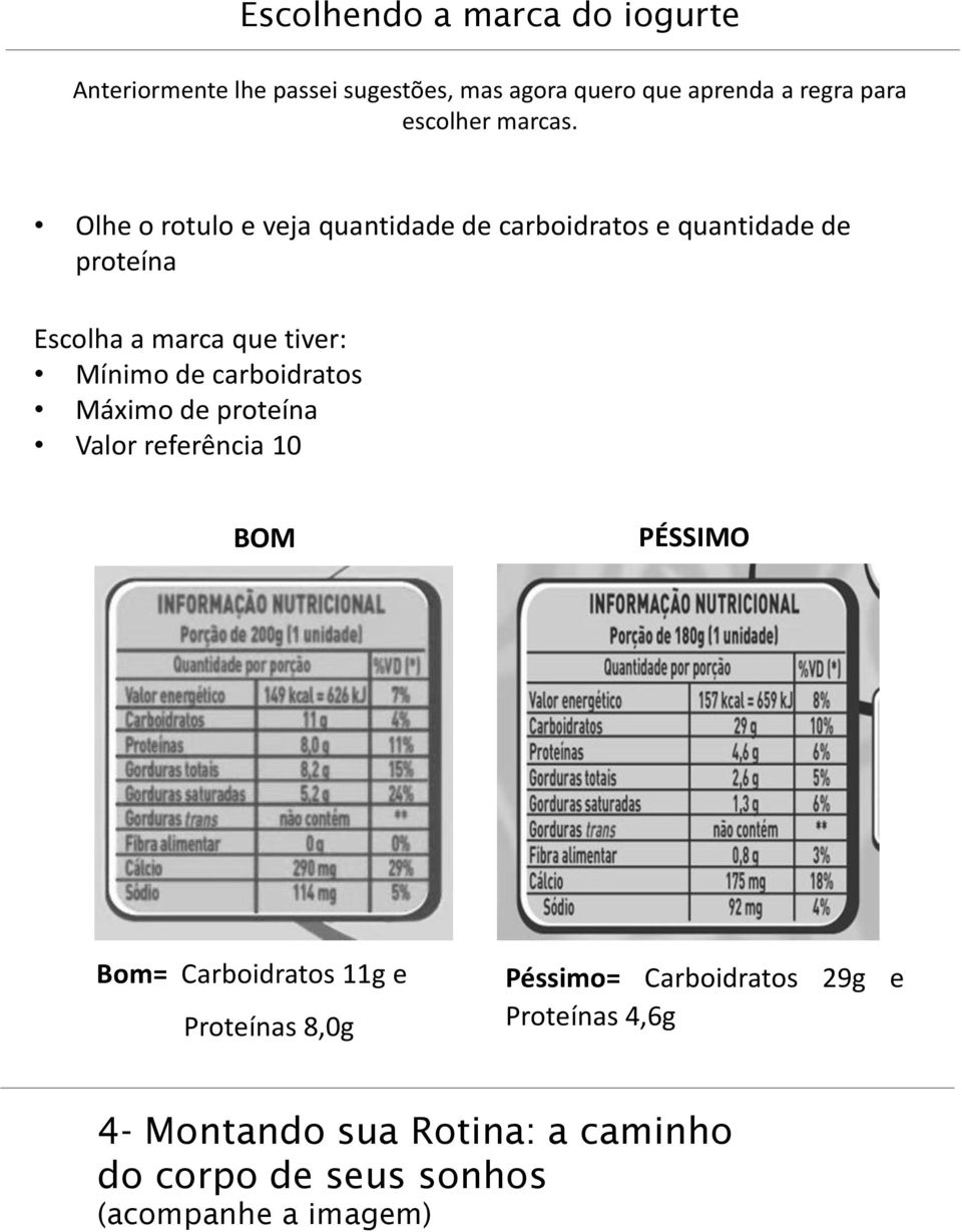 Olhe o rotulo e veja quantidade de carboidratos e quantidade de proteína Escolha a marca que tiver: Mínimo de