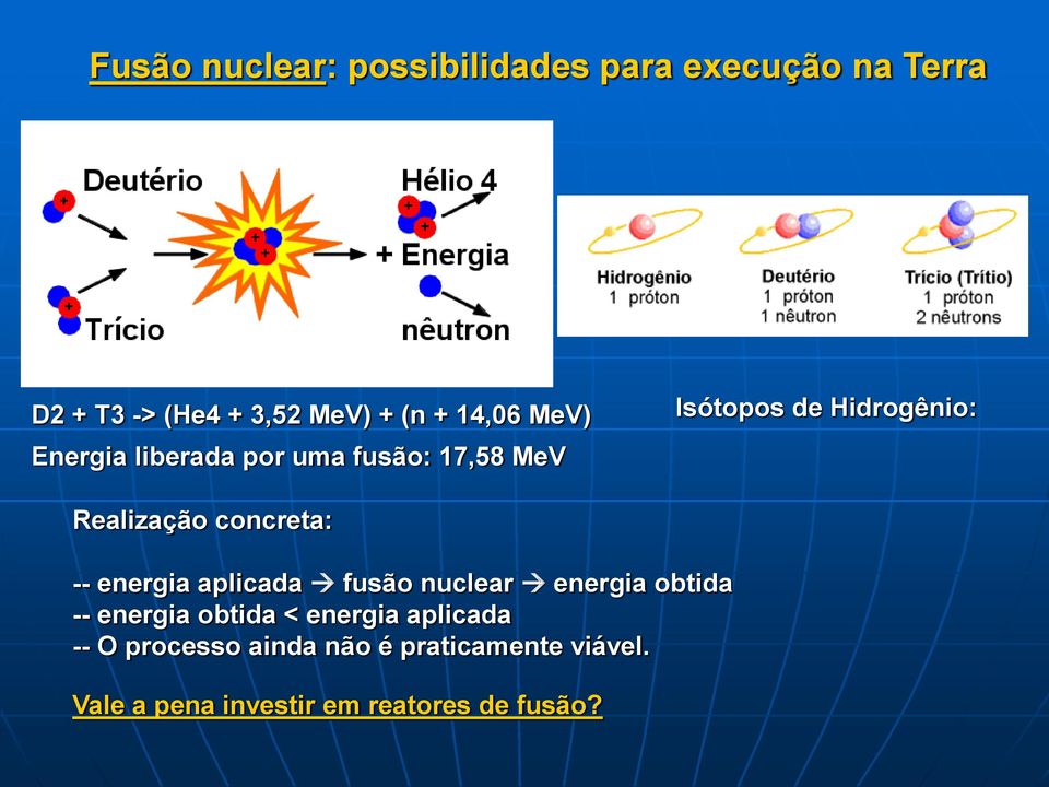 concreta: -- energia aplicada fusão nuclear energia obtida -- energia obtida < energia