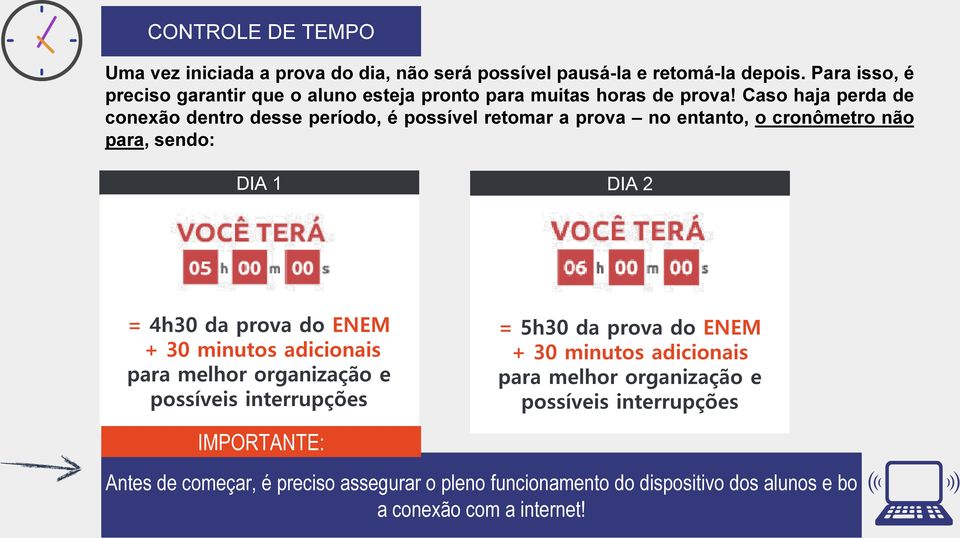 Caso haja perda de conexão dentro desse período, é possível retomar a prova no entanto, o cronômetro não para, sendo: DIA 1 DIA 2 = 4h30 da prova do ENEM + 30