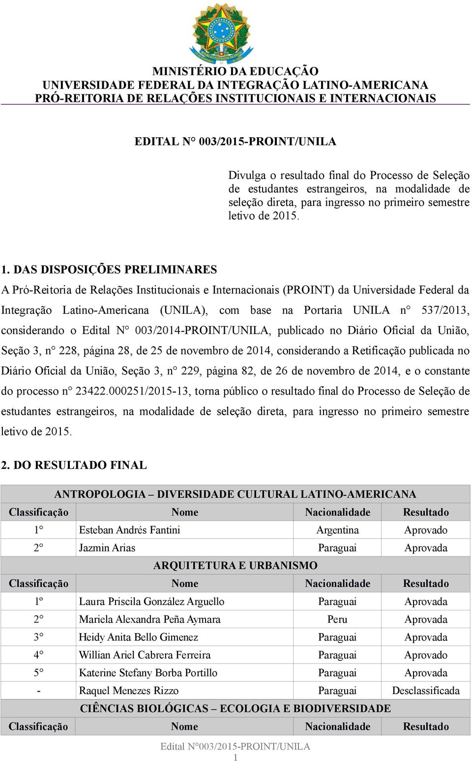 considerando o Edital N 003/2014-PROINT/UNILA, publicado no Diário Oficial da União, Seção 3, n 228, página 28, de 25 de novembro de 2014, considerando a Retificação publicada no Diário Oficial da