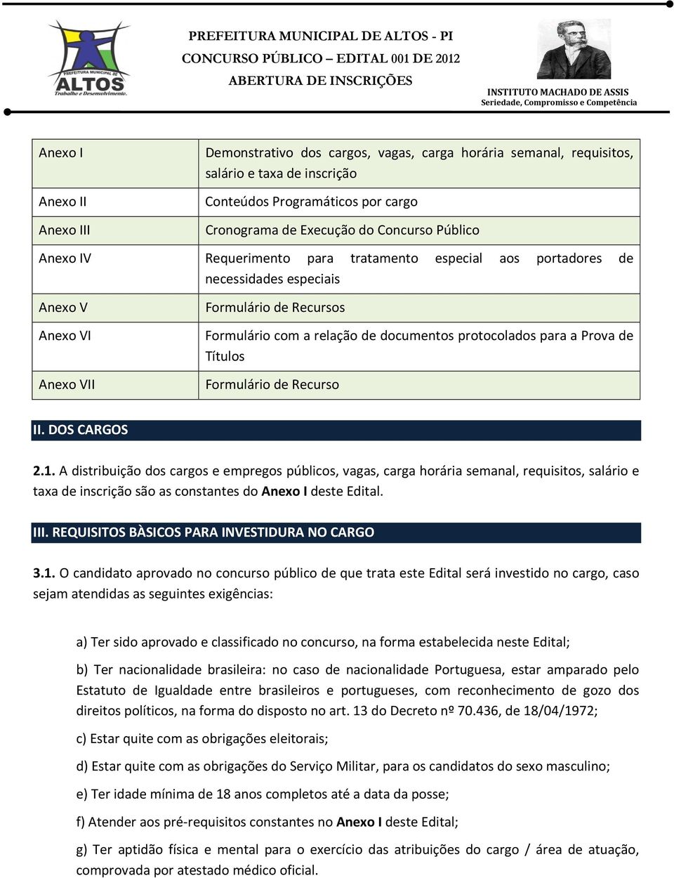 para a Prova de Títulos Formulário de Recurso II. DOS CARGOS 2.1.