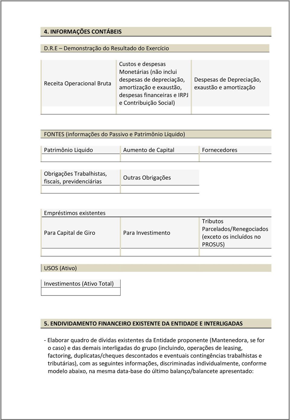 E Demonstração do Resultado do Exercício Receita Operacional Bruta Custos e despesas Monetárias (não inclui despesas de depreciação, amortização e exaustão, despesas financeiras e IRPJ e Contribuição