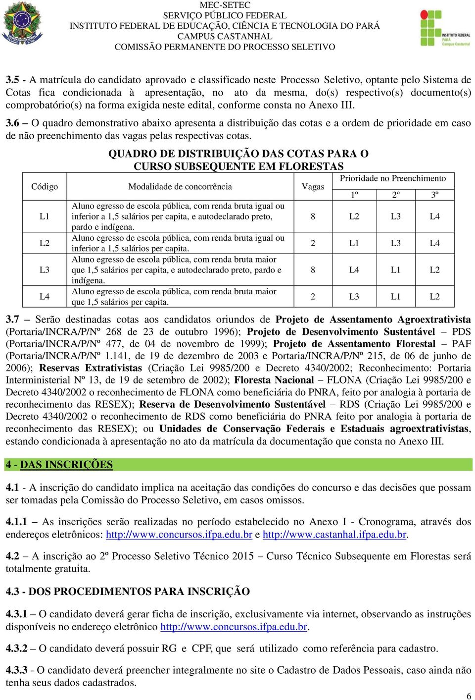 6 O quadro demonstrativo abaixo apresenta a distribuição das cotas e a ordem de prioridade em caso de não preenchimento das vagas pelas respectivas cotas.