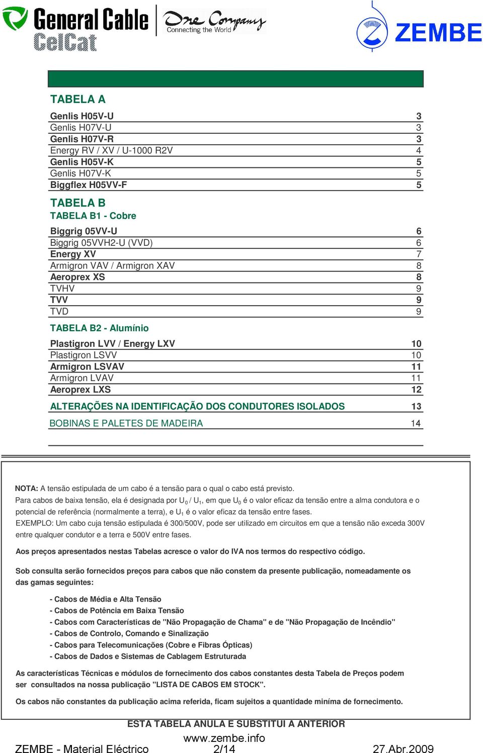Aeroprex LXS 12 ALTERAÇÕES NA IDENTIFICAÇÃO DOS CONDUTORES ISOLADOS 13 BOBINAS E PALETES DE MADEIRA 14 NOTA: A tensão estipulada de um cabo é a tensão para o qual o cabo está previsto.