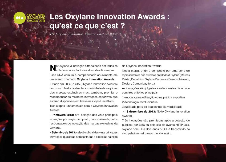 Criado em 2005, o OIA (Oxylane Innovation Awards) tem como objetivo estimular a criatividade das equipes das marcas exclusivas mas, também, premiar e recompensar as melhores inovações esportivas que