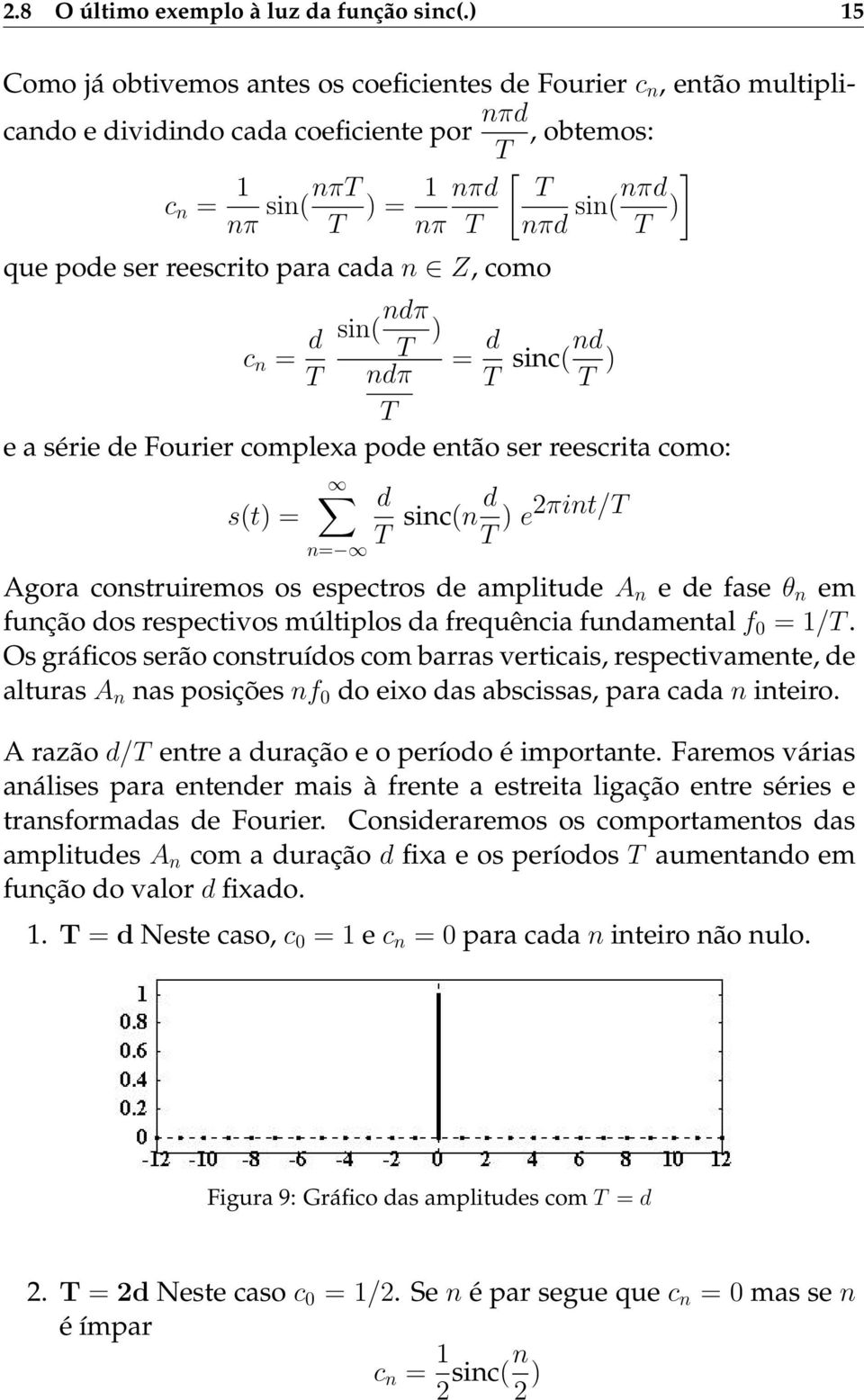 cada n Z, como c n = d T sin( ndπ T ) ndπ T [ T nπd sin(nπd T ) = d T sinc(nd T ) e a série de Fourier complexa pode então ser reescrita como: d s(t) = T sinc(n d T ) e2πint/t n= Agora construiremos