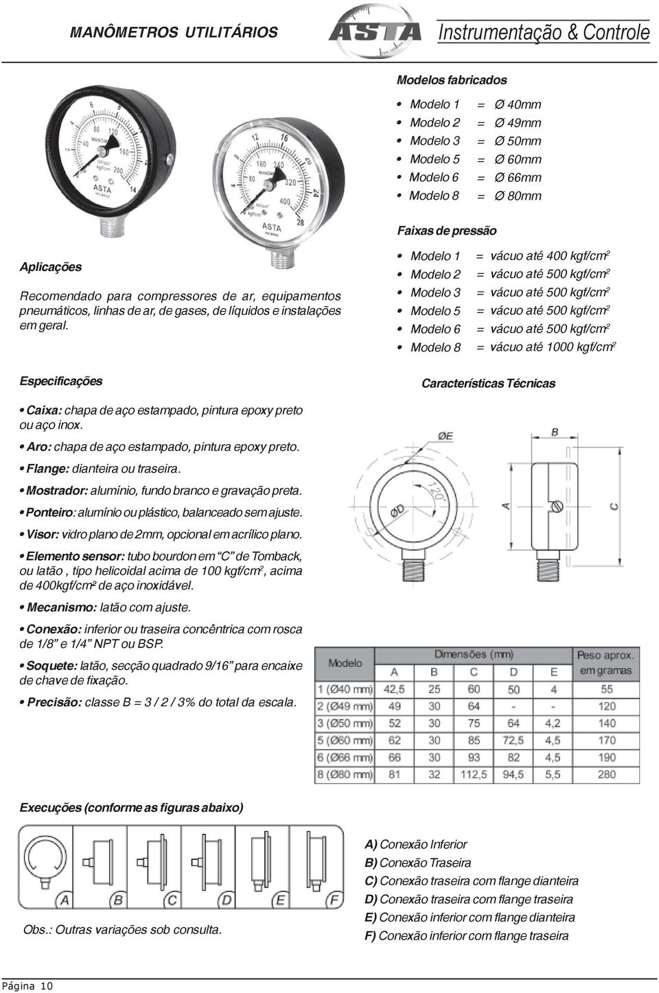 Modelo 1 Modelo 2 Modelo 3 Modelo 5 Modelo 6 Modelo 8 = vácuo até 400 kgf/cm 2 = vácuo até 500 kgf/cm 2 = vácuo até 500 kgf/cm 2 = vácuo até 500 kgf/cm 2 = vácuo até 500 kgf/cm 2 = vácuo até 1000