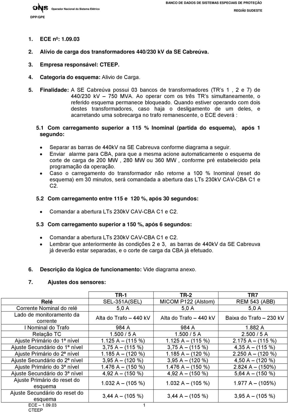 Quando estiver operando com dois destes transformadores, caso haja o desligamento de um deles, e acarretando uma sobrecarga no trafo remanescente, o ECE deverá : 5.