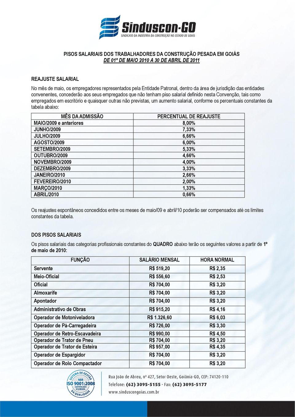 entre os meses de maio/09 e abril/10 poderão ser compensados até os limites de maio de 2010: HORA NORMAL Servente R$ 519,20 R$ 2,35 Meio-Oficial R$ 556,60 R$ 2,53 Oficial R$ 704,00 R$ 3,20 Almoxarife