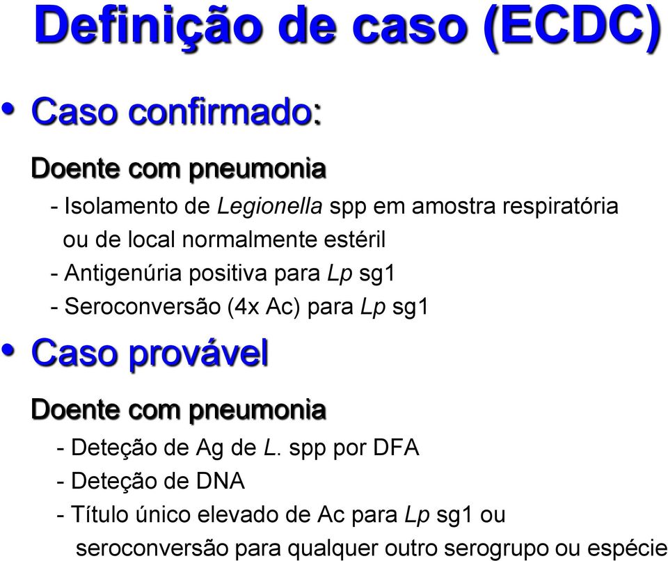 Seroconversão (4x Ac) para Lp sg1 Caso provável Doente com pneumonia - Deteção de Ag de L.