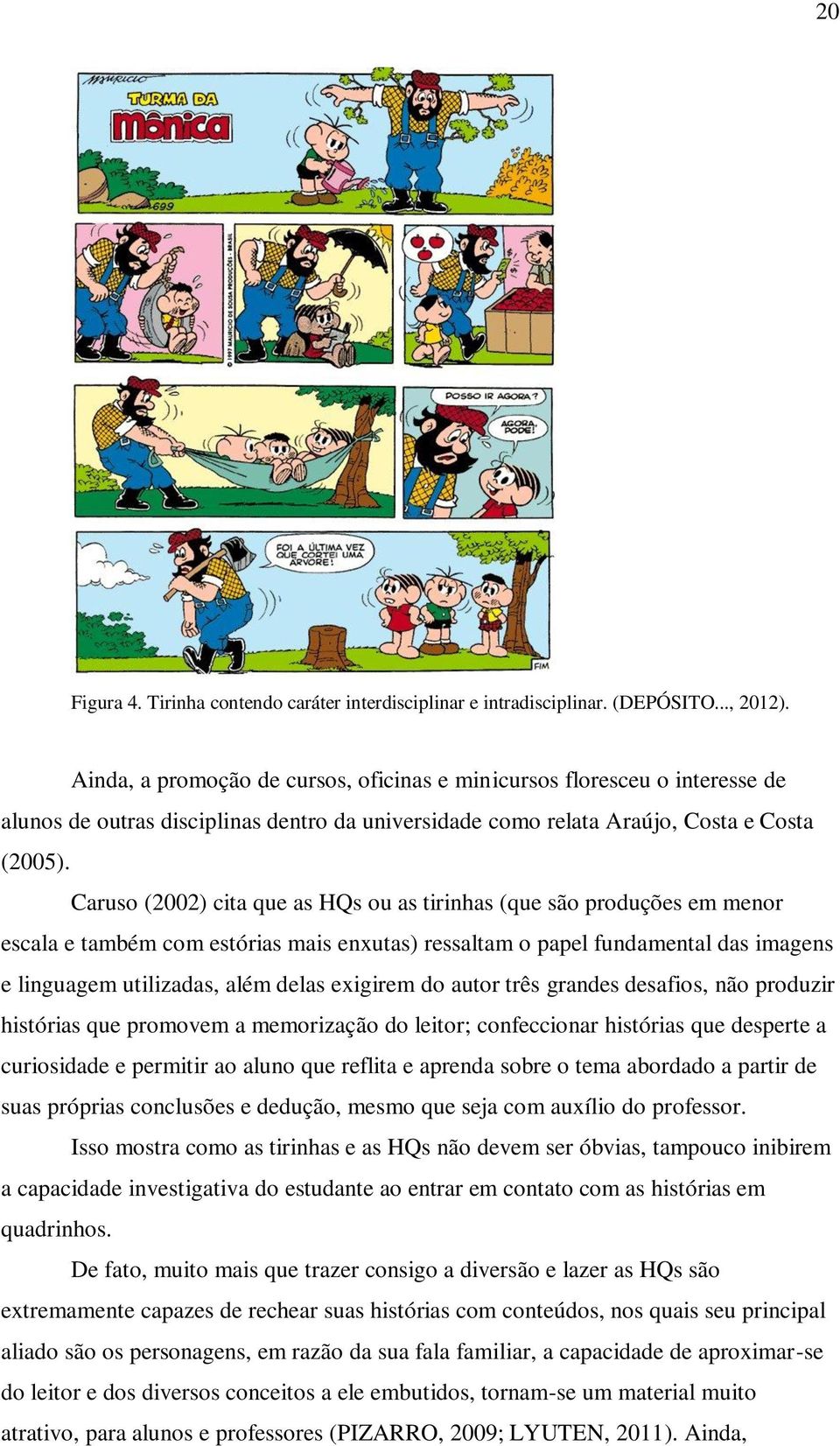 Caruso (2002) cita que as HQs ou as tirinhas (que são produções em menor escala e também com estórias mais enxutas) ressaltam o papel fundamental das imagens e linguagem utilizadas, além delas