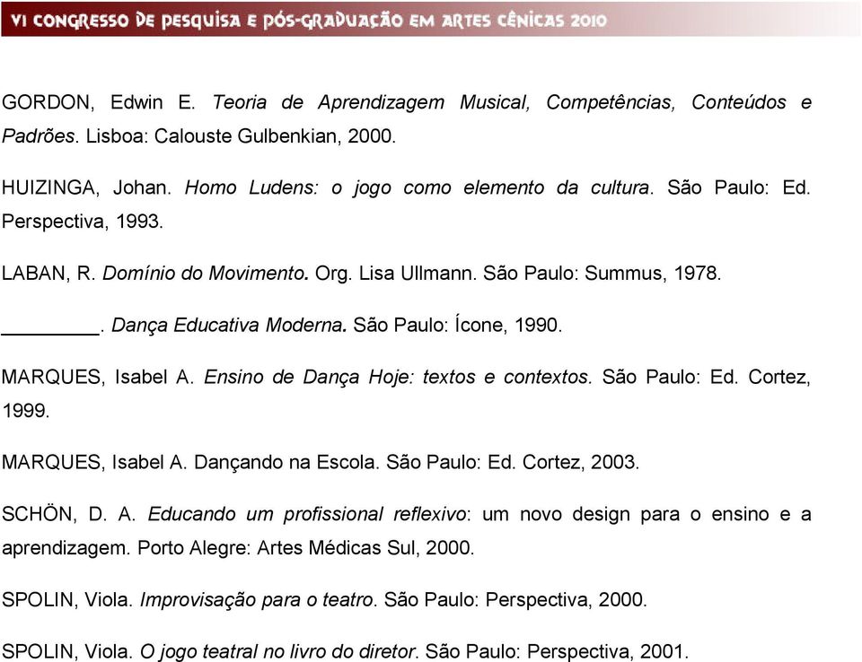 Ensino de Dança Hoje: textos e contextos. São Paulo: Ed. Cortez, 1999. MARQUES, Isabel A. Dançando na Escola. São Paulo: Ed. Cortez, 2003. SCHÖN, D. A. Educando um profissional reflexivo: um novo design para o ensino e a aprendizagem.