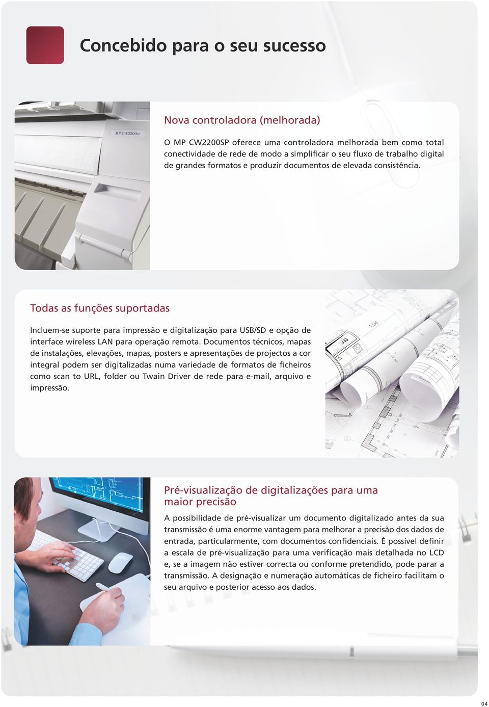 Todas as funções suportadas Incluem-se suporte para impressão e digitalização para USB/SD e opção de interface wireless LAN para operação remota.