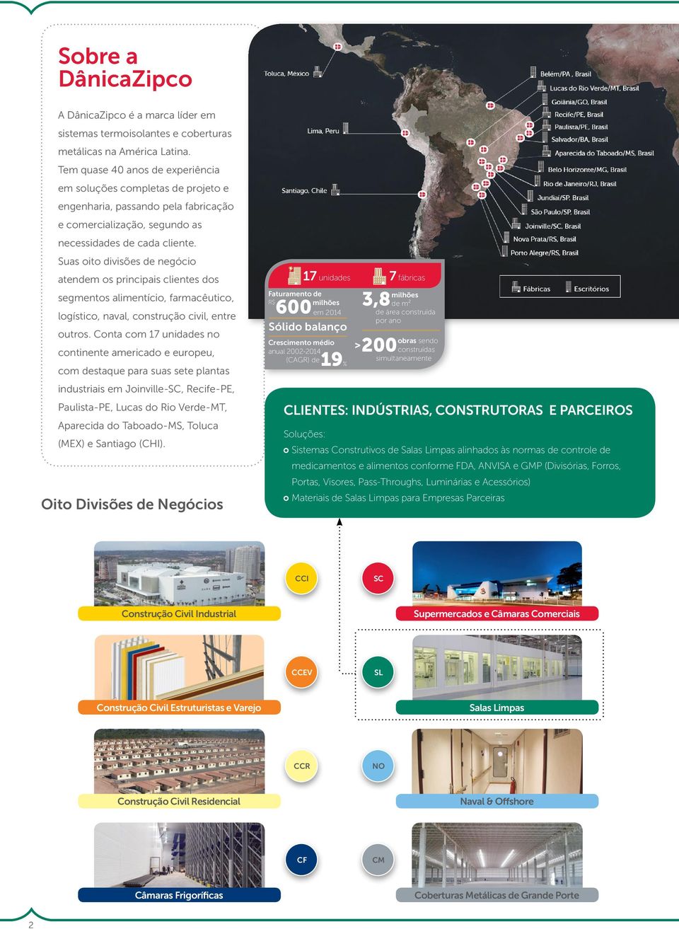 Suas oito divisões de negócio atendem os principais clientes dos segmentos alimentício, farmacêutico, logístico, naval, construção civil, entre outros.
