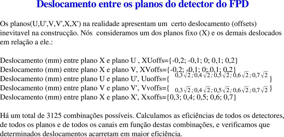 : Deslocamento (mm) entre plano X e plano U, XUoffs={ 0,2; 0,1; 0; 0,1; 0,2} Deslocamento (mm) entre plano X e plano V, XVoffs={ 0,2; 0,1; 0; 0,1; 0,2} 0,3 2 ; 0,4 2 ; 0,5 2 ; 0,6 2 ; 0,7 2