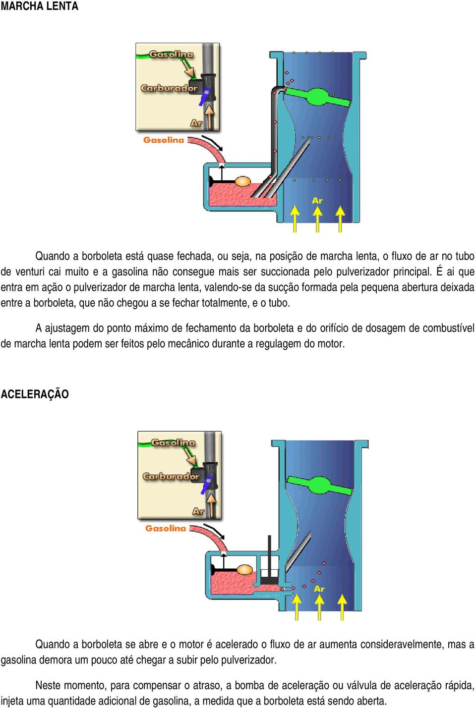 A ajustagem do ponto máximo de fechamento da borboleta e do orifício de dosagem de combustível de marcha lenta podem ser feitos pelo mecânico durante a regulagem do motor.