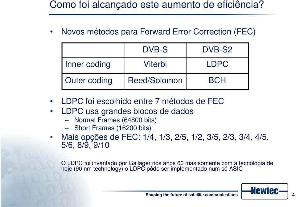 escolhido entre 7 métodos de FEC LDPC usa grandes blocos de dados Normal Frames (64800 bits) Short Frames (16200 bits) Mais