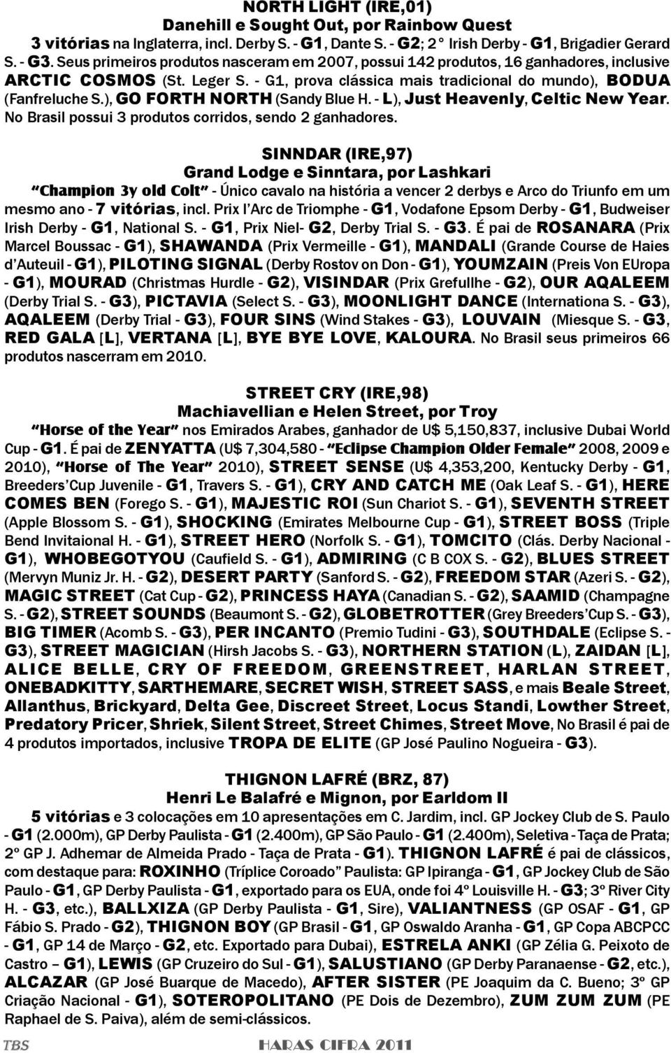 ), GO FORTH NORTH (Sandy Blue H. - L), Just Heavenly, Celtic New Year. No Brasil possui 3 produtos corridos, sendo 2 ganhadores.