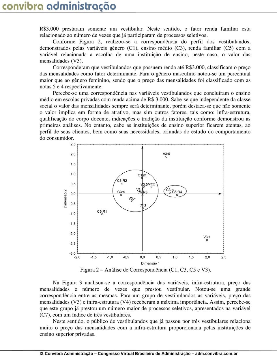 uma instituição de ensino, neste caso, o valor das mensalidades (V3). Corresponderam que vestibulandos que possuem renda até R$3.000, classificam o preço das mensalidades como fator determinante.