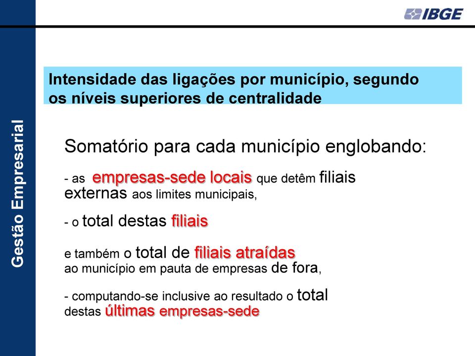 limites municipais, - o total destas filiais e também o total de filiais atraídas ao município