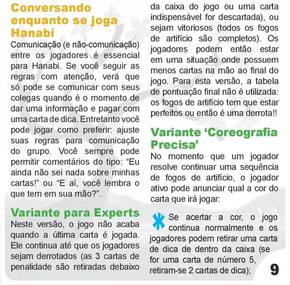 Entretanto você pode jogar como preferir: ajuste suas regras para comunicação do grupo. Você sempre pode permitir comentários do tipo: Eu ainda não sei nada sobre minhas cartas!