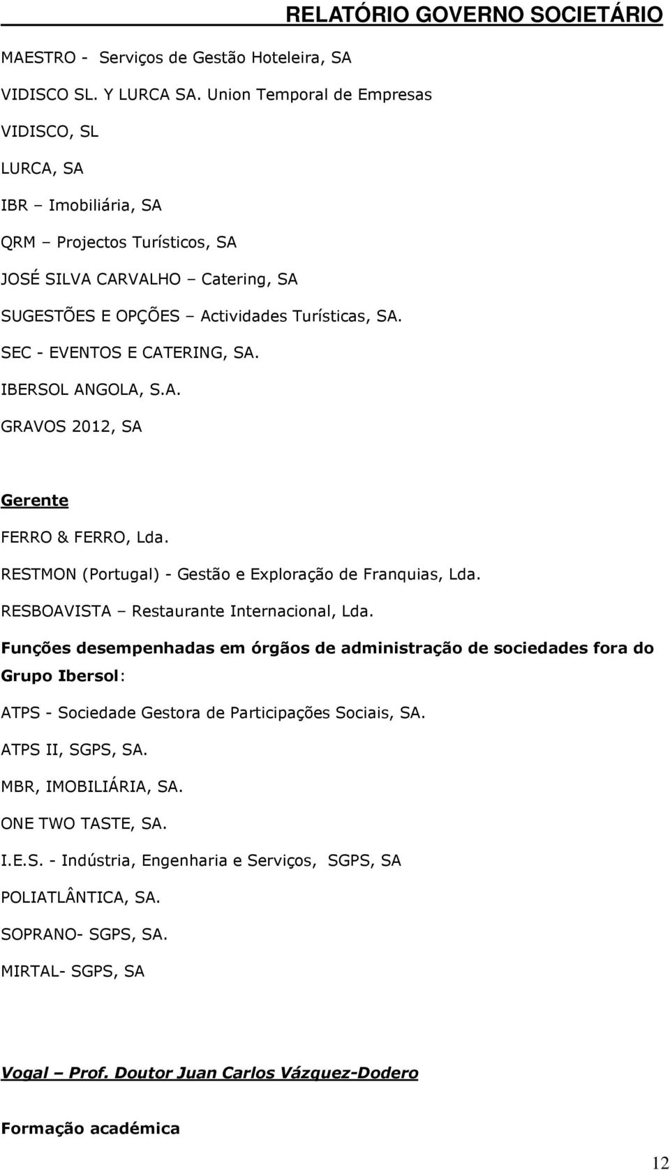 SEC - EVENTOS E CATERING, SA. IBERSOL ANGOLA, S.A. GRAVOS 2012, SA RELATÓRIO GOVERNO SOCIETÁRIO Gerente FERRO & FERRO, Lda. RESTMON (Portugal) - Gestão e Exploração de Franquias, Lda.