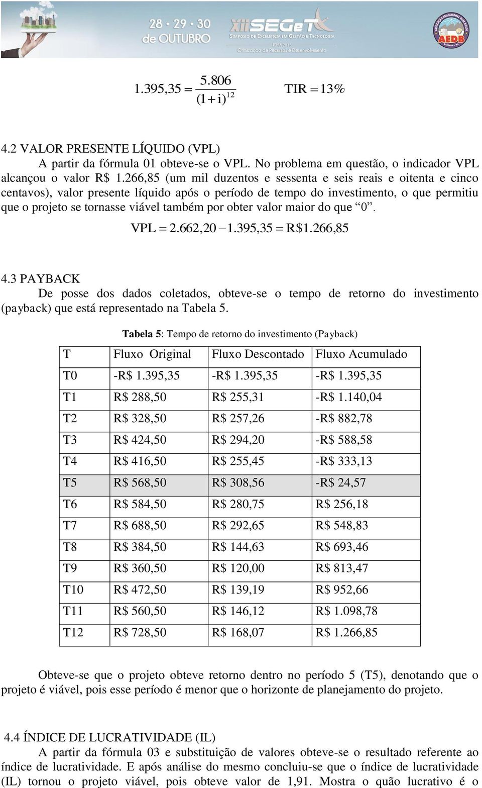 obter valor maior do que 0. VPL 2.662,20 1.395,35 R$1.266,85 4.3 PAYBACK De posse dos dados coletados, obteve-se o tempo de retorno do investimento (payback) que está representado na Tabela 5.