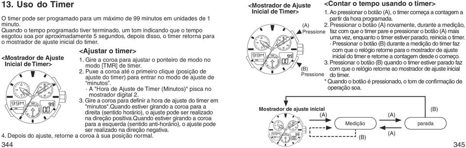 <Mostrador de Ajuste Inicial de Timer> Pressione <Contar o tempo usando o timer> 1. Ao pressionar o botão, o timer começa a contagem a partir da hora programada. 2.