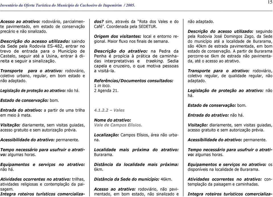 Transporte para o atrativo: rodoviário, coletivo urbano, regular, em bom estado e não adaptado. Legislação de proteção ao atrativo: não há. Estado de conservação: bom.