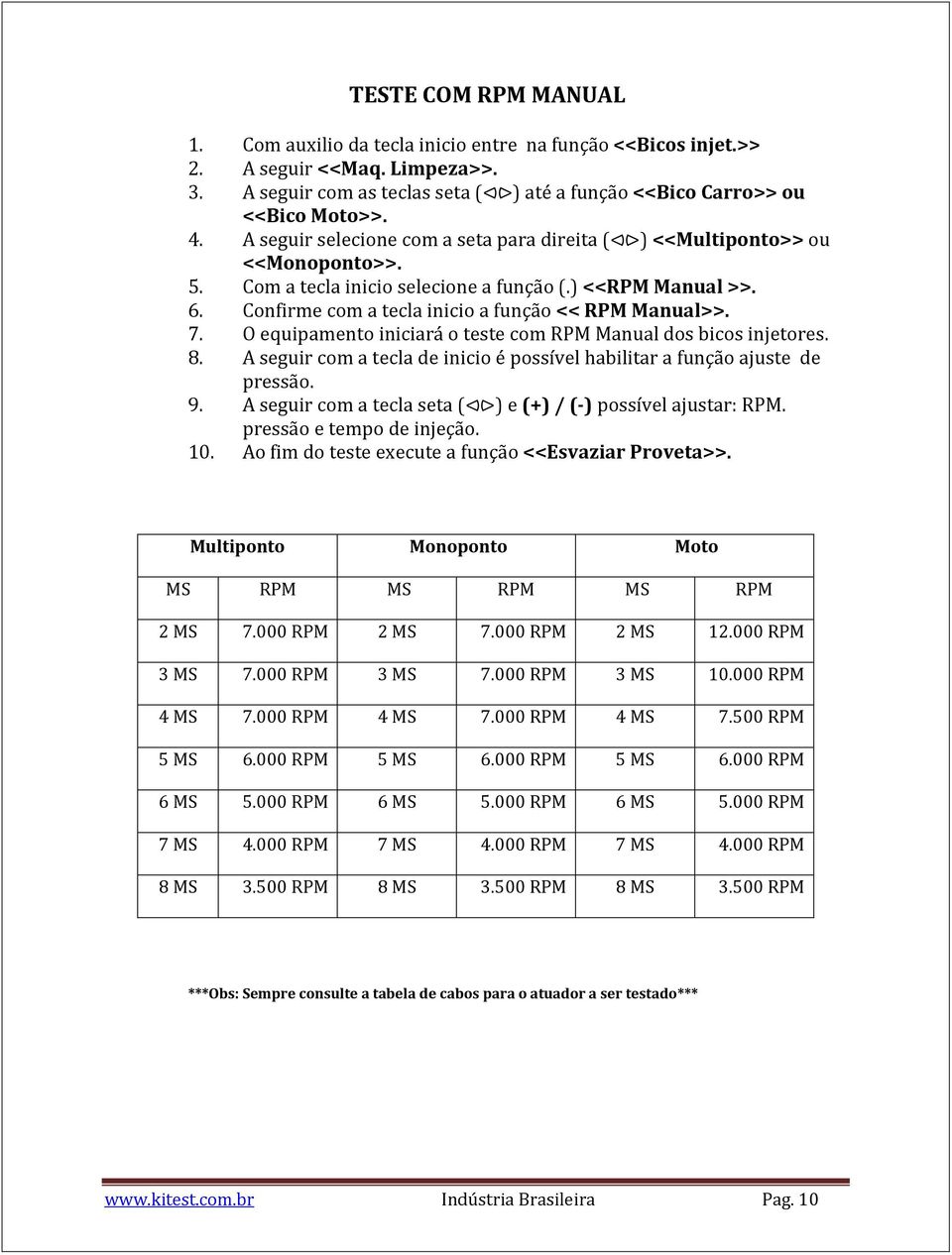 7. O equipamento iniciará o teste com RPM Manual dos bicos injetores. 8. A seguir com a tecla de inicio é possível habilitar a função ajuste de pressão. 9.