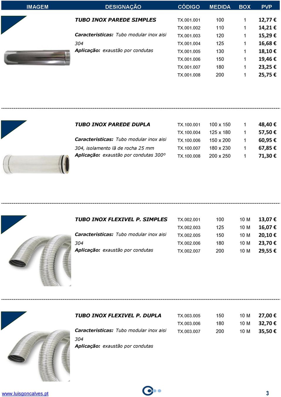 100.006 150 x 200 1 60,95 304, isolamento lã de rocha 25 mm TX.100.007 180 x 230 1 67,85 Aplicação: exaustão por condutas 300º TX.100.008 200 x 250 1 71,30 TUBO INOX FLEXIVEL P. SIMPLES TX.002.