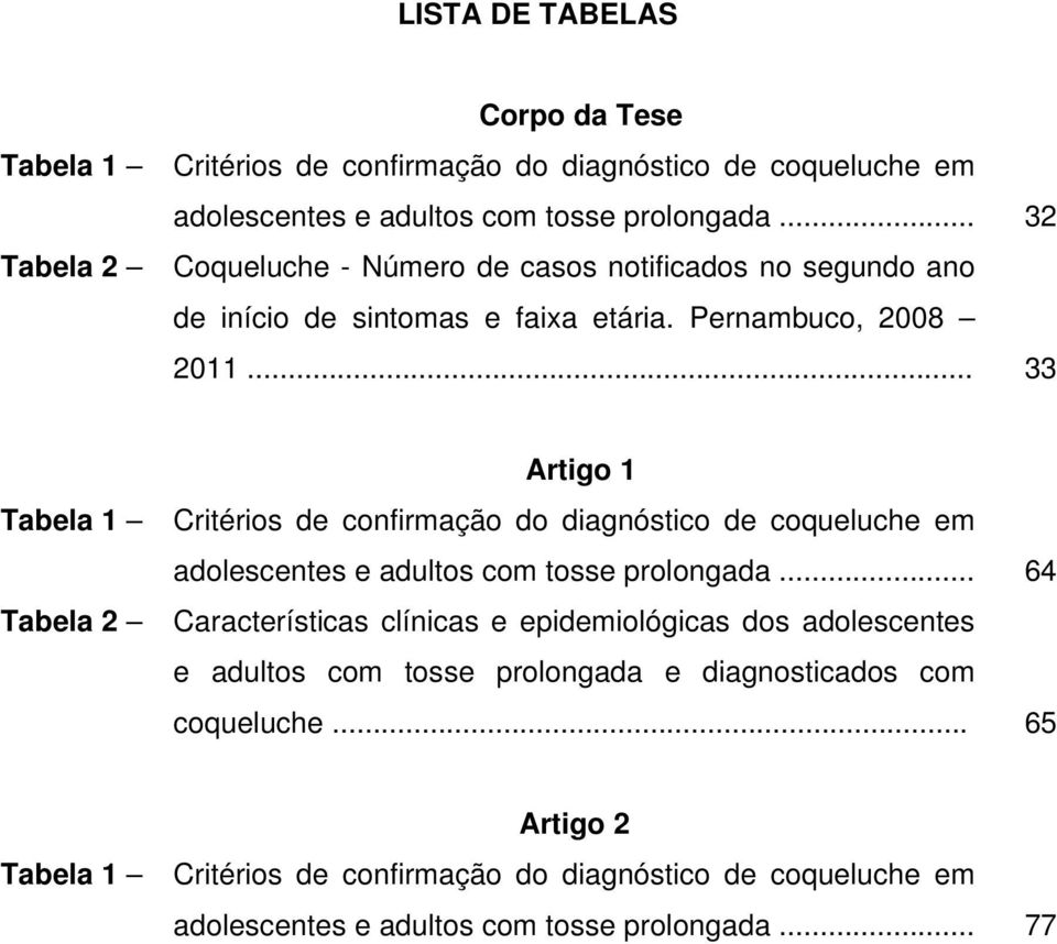 .. 33 Artigo 1 Tabela 1 Critérios de confirmação do diagnóstico de coqueluche em adolescentes e adultos com tosse prolongada.