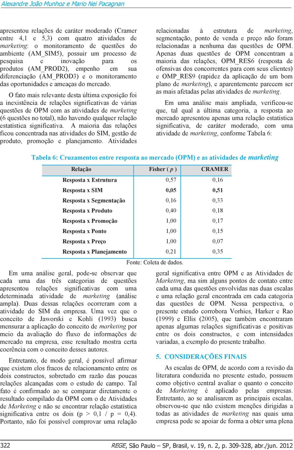 O fato mais relevante desta última exposição foi a inexistência de relações significativas de várias questões de OPM com as atividades de marketing (6 questões no total), não havendo qualquer relação