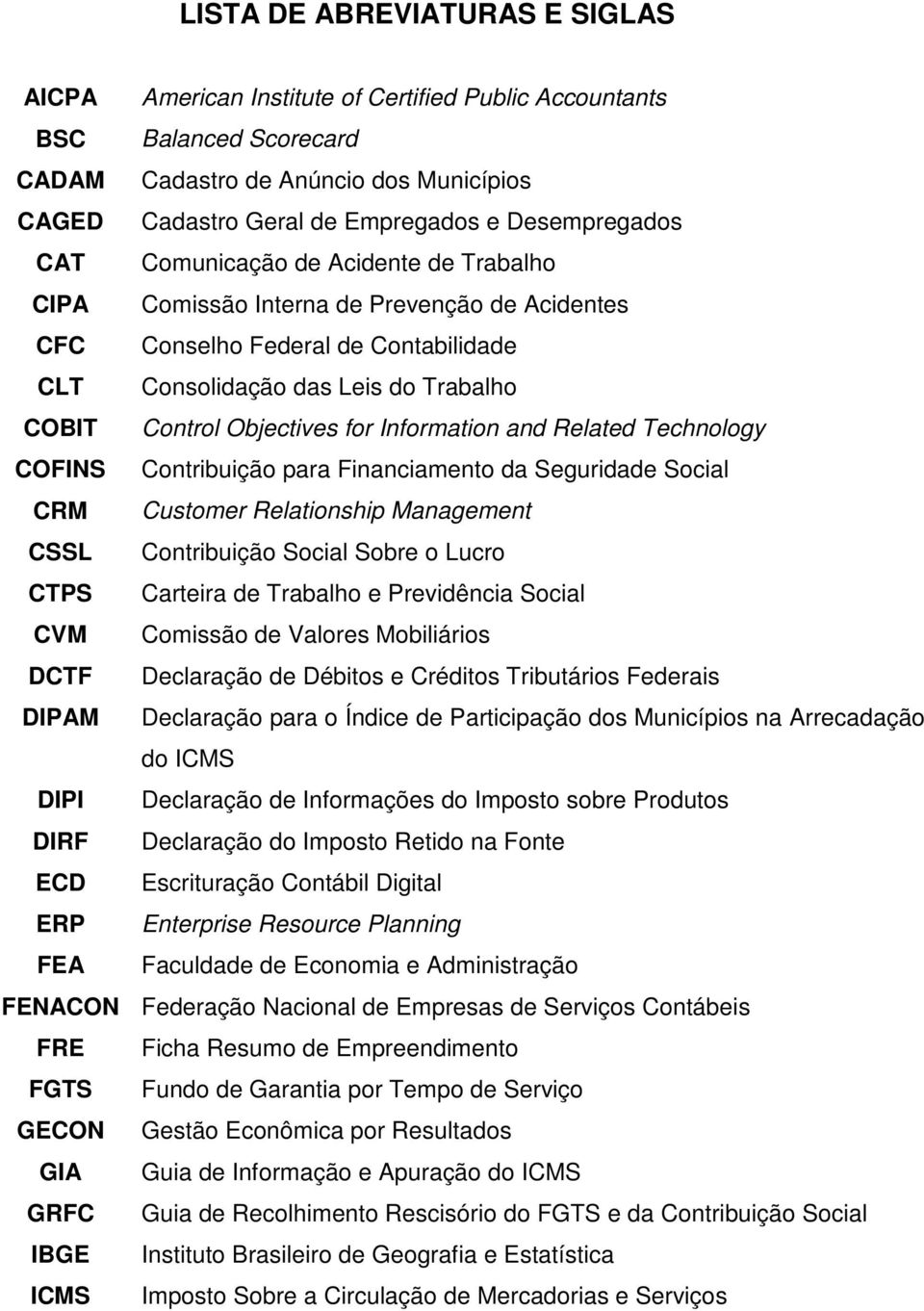 Objectives for Information and Related Technology COFINS Contribuição para Financiamento da Seguridade Social CRM Customer Relationship Management CSSL Contribuição Social Sobre o Lucro CTPS Carteira