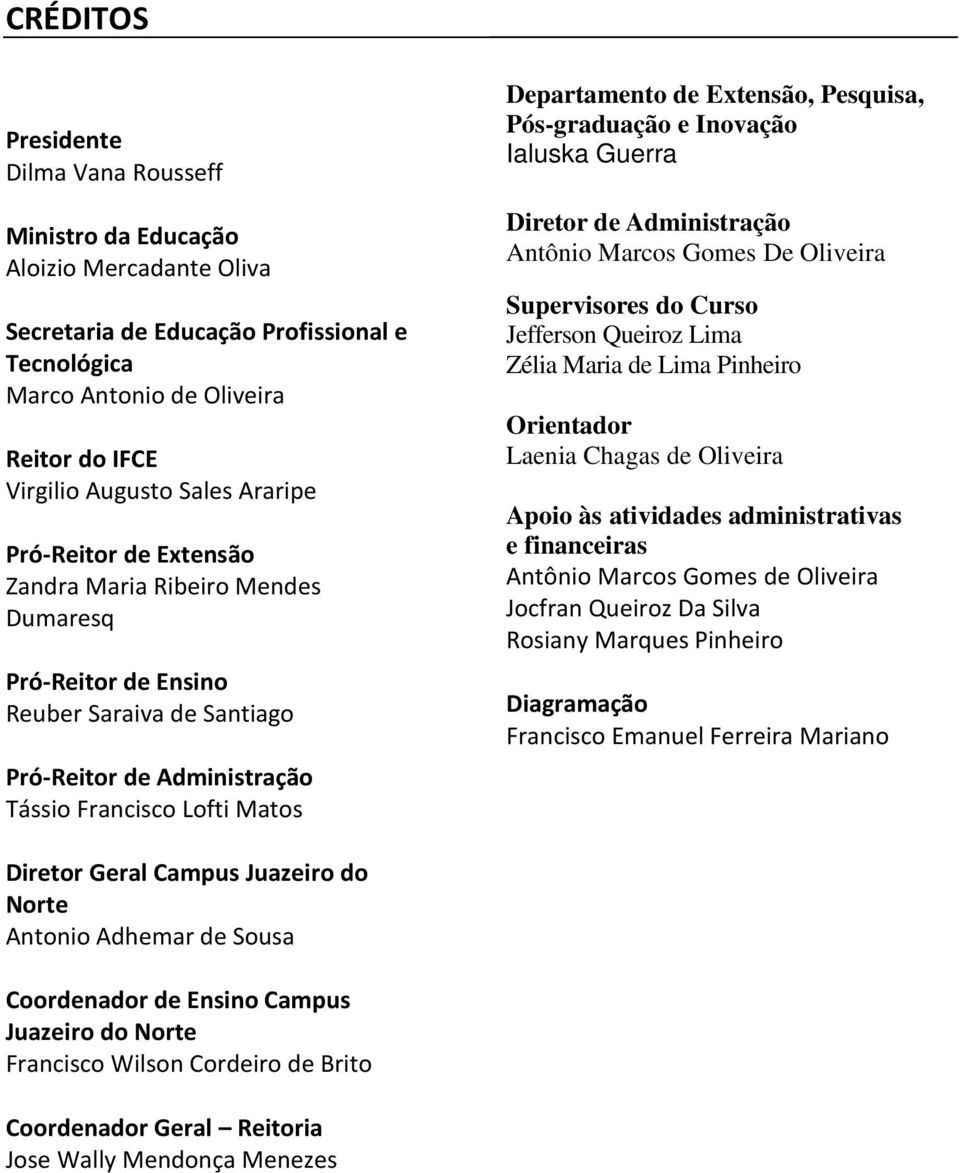 Pesquisa, Pós-graduação e Inovação Ialuska Guerra Diretor de Administração Antônio Marcos Gomes De Oliveira Supervisores do Curso Jefferson Queiroz Lima Zélia Maria de Lima Pinheiro Orientador Laenia