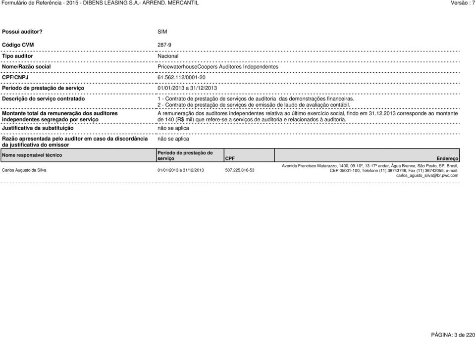 substituição 1 - Contrato de prestação de serviços de auditoria das demonstrações financeiras. 2 - Contrato de prestação de serviços de emissão de laudo de avaliação contábil.