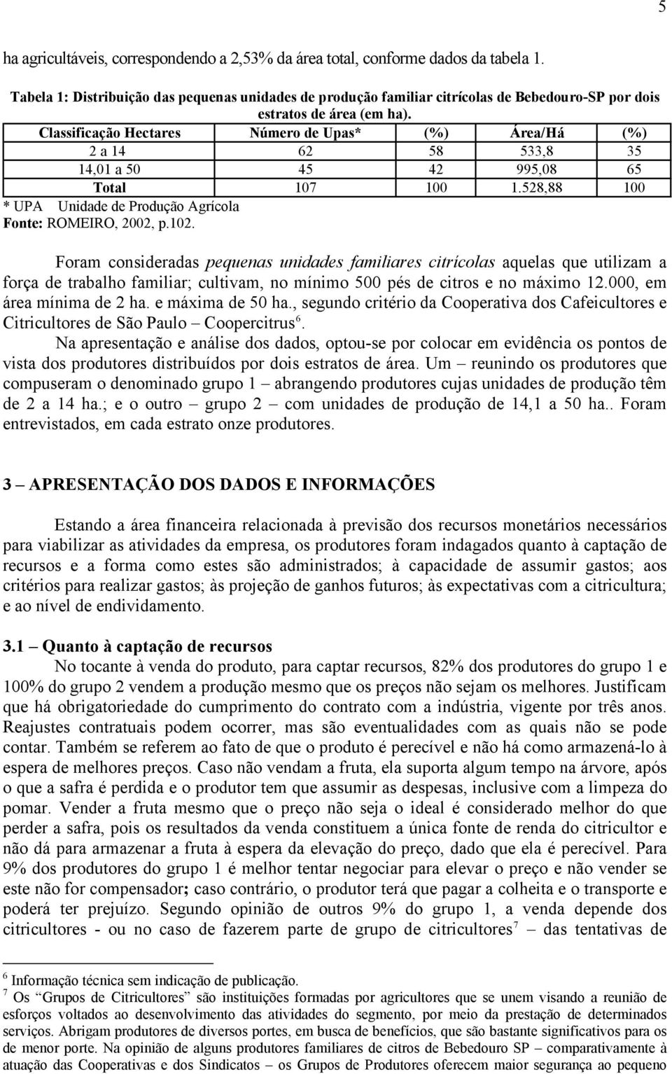 Classificação Hectares Número de Upas* (%) Área/Há (%) 2 a 14 62 58 533,8 35 14,01 a 50 45 42 995,08 65 Total 107 100 1.528,88 100 * UPA Unidade de Produção Agrícola Fonte: ROMEIRO, 2002, p.102.