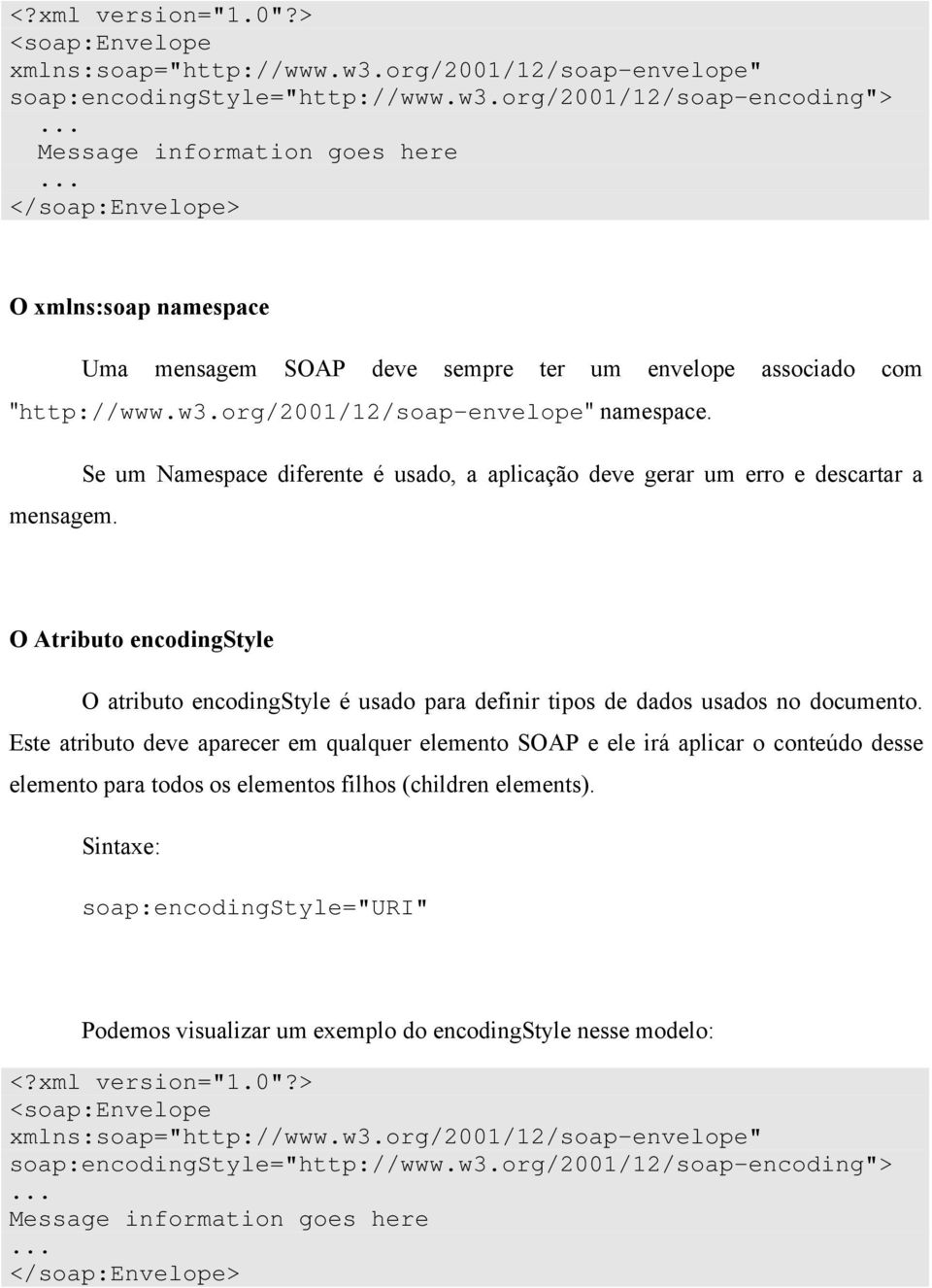 org/2001/12/soap-encoding"> Message information goes here </soap:envelope> O xmlns:soap namespace Uma mensagem SOAP deve sempre ter um envelope associado com "http://www.w3.