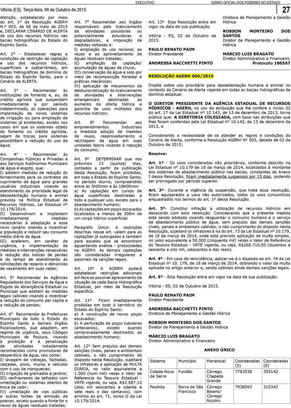 2º - Estabelecer regras e condições de restrição de captação e uso dos recursos hídricos, superficiais e subterrâneos, em bacias hidrográficas de domínio do Estado do Espírito Santo, para o Cenário