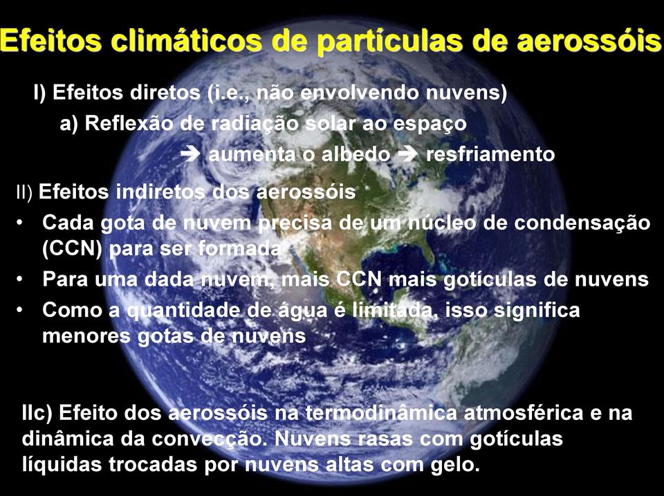 formada Para uma dada nuvem, mais CCN mais gotículas de nuvens Como a quantidade de água é limitada, isso significa menores gotas de nuvens