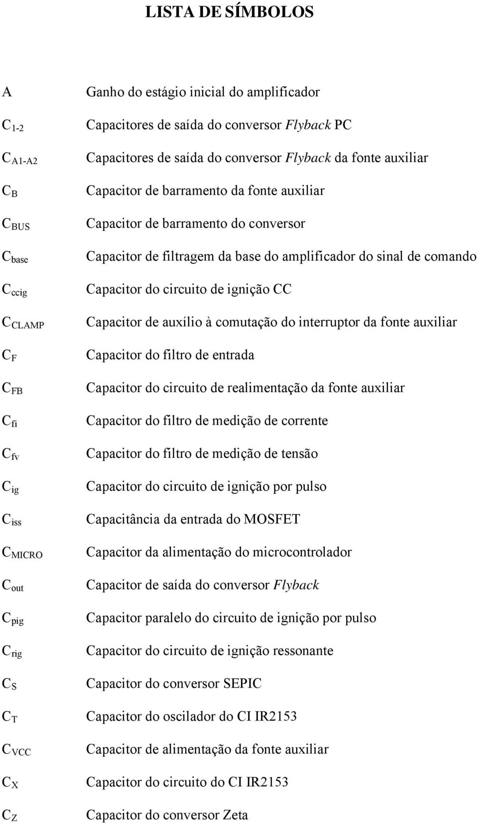 do amplificador do sinal de comando Capacitor do circuito de ignição CC Capacitor de auxílio à comutação do interruptor da fonte auxiliar Capacitor do filtro de entrada Capacitor do circuito de