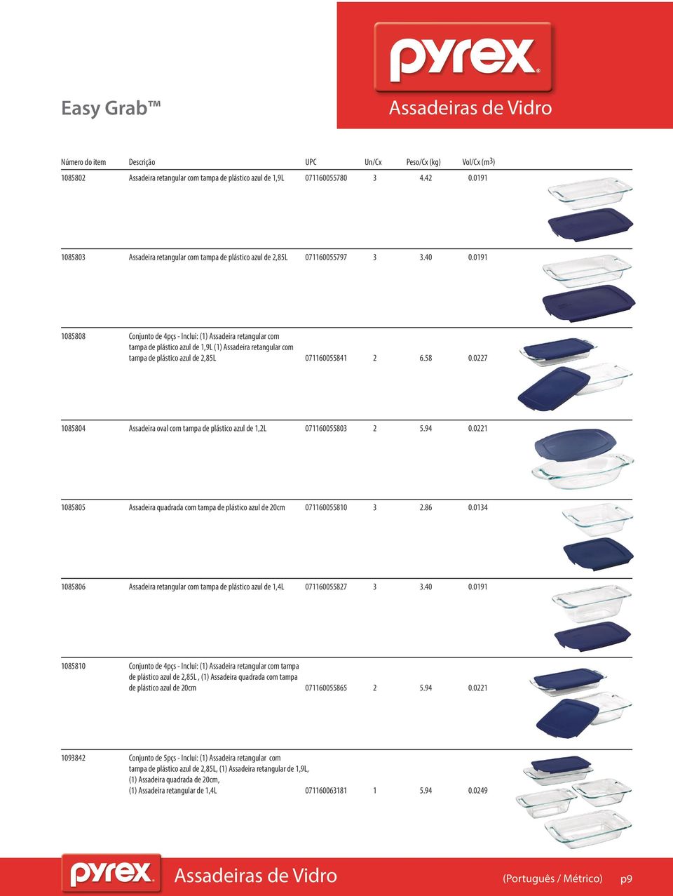 0227 1085804 Assadeira oval com tampa de plástico azul de 1,2L 071160055803 2 5.94 0.0221 1085805 Assadeira quadrada com tampa de plástico azul de 20cm 071160055810 3 2.86 0.