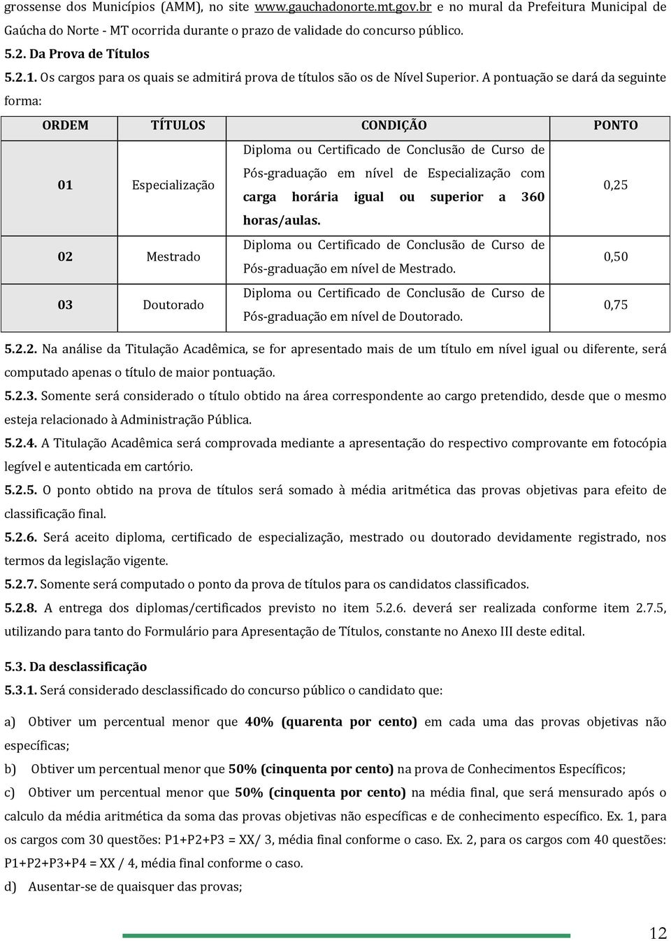 A pontuação se dará da seguinte forma: ORDEM TÍTULOS CONDIÇÃO PONTO Diploma ou Certificado de Conclusão de Curso de Pós graduação em nível de Especialização com 01 Especialização 0,25 carga horária