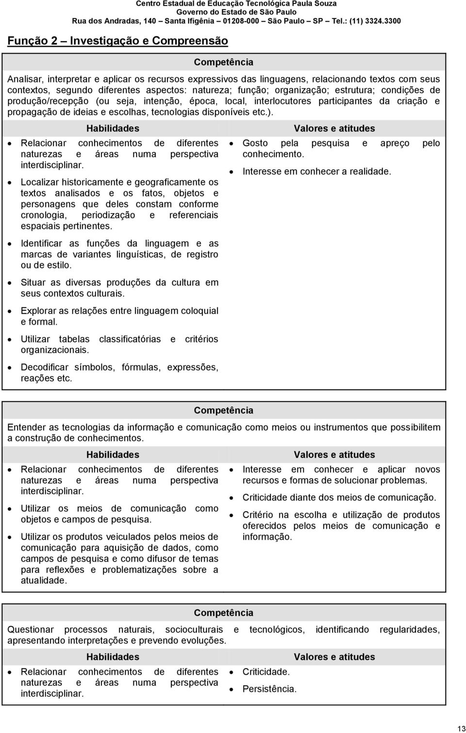 ). Habilidades Relacionar conhecimentos de diferentes naturezas e áreas numa perspectiva interdisciplinar.