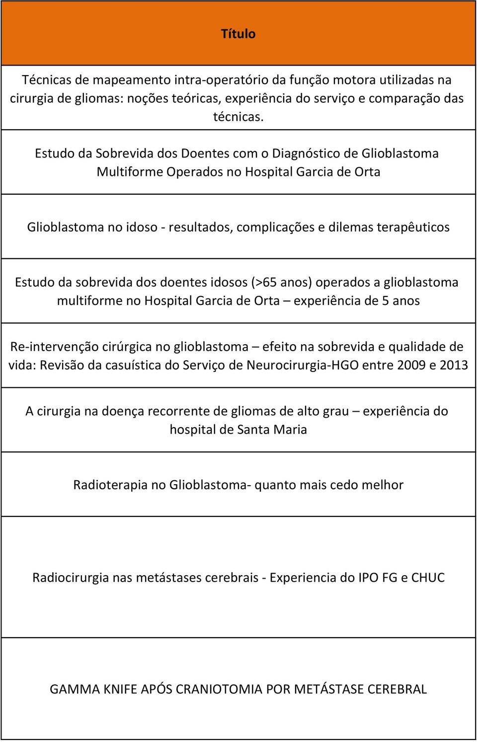 sobrevida dos doentes idosos (>65 anos) operados a glioblastoma multiforme no Hospital Garcia de Orta experie ncia de 5 anos Re-intervenc ão cirúrgica no glioblastoma efeito na sobrevida e qualidade