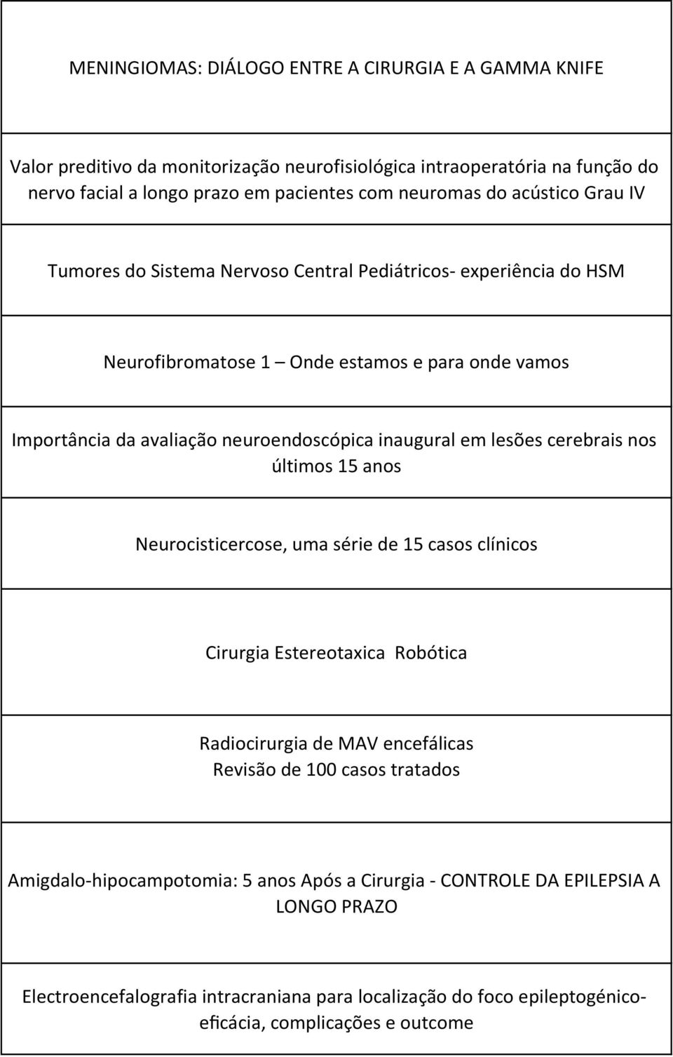 lesões cerebrais nos últimos 15 anos Neurocisticercose, uma série de 15 casos clínicos Cirurgia Estereotaxica Robótica Radiocirurgia de MAV encefálicas Revisão de 100 casos tratados