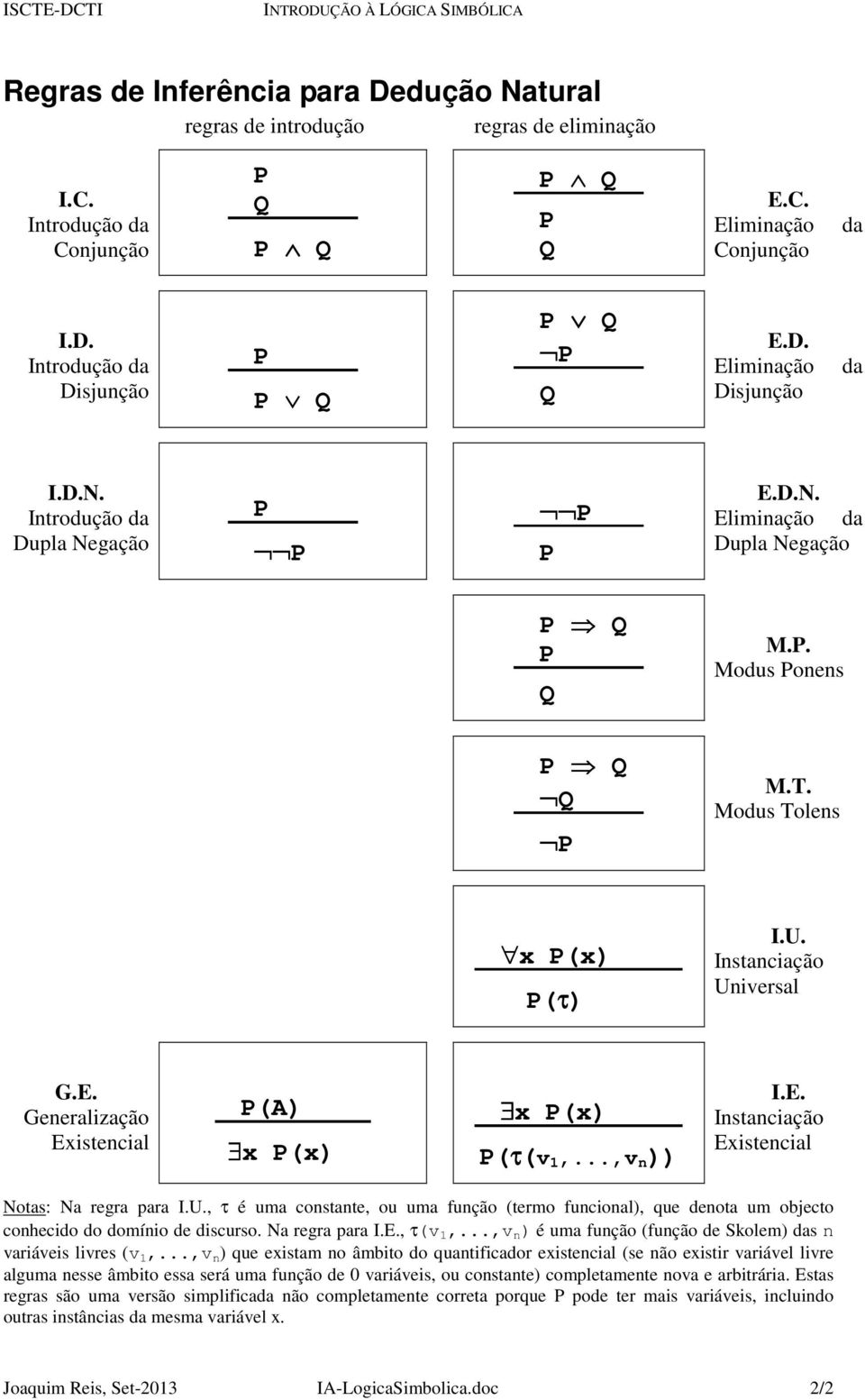 E. Generalização Existencial P(A) x P(x) x P(x) P(τ(v 1,...,v n )) I.E. Instanciação Existencial Notas: Na regra para I.U.