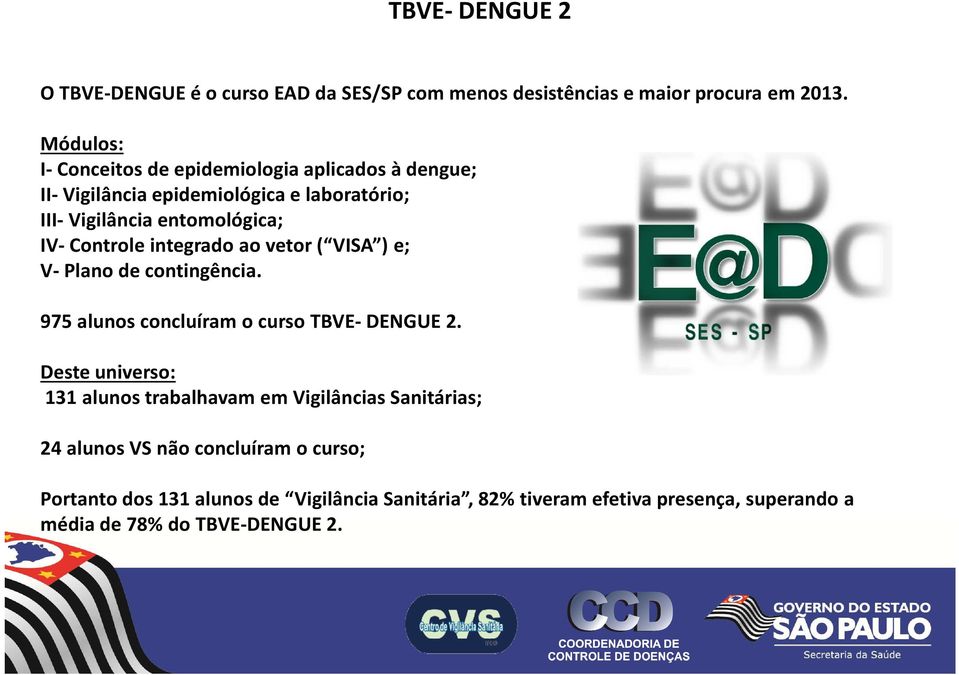 Controle integrado ao vetor ( VISA ) e; V- Plano de contingência. 975 alunos concluíram o curso TBVE-DENGUE 2.